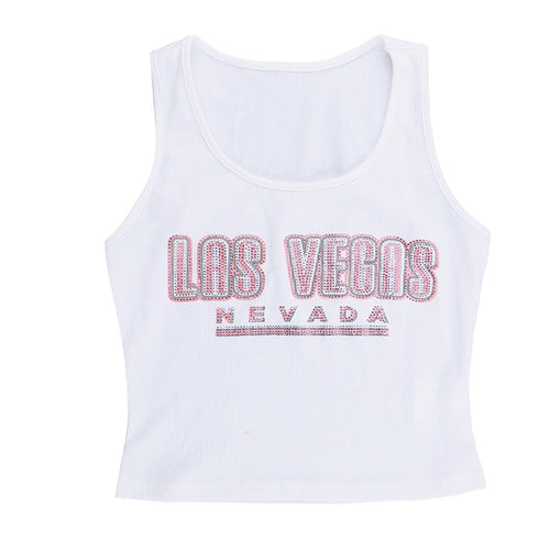 Las Vegas Ribbed Rhinestone Cropped Tank Top