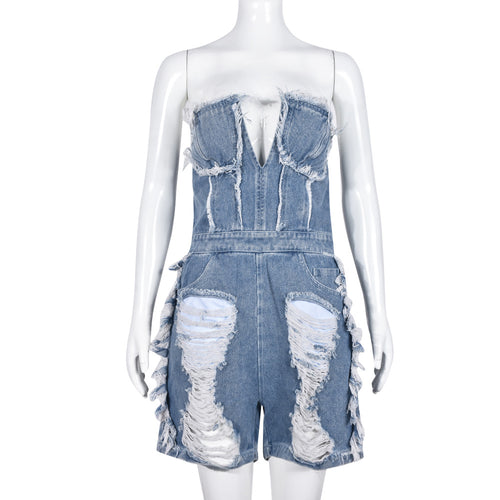 Give You A Show Studded Ripped Denim Romper