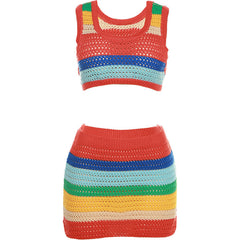 Nonstop Trippin' Crochet Sleeveless Striped Mini Skirt Set