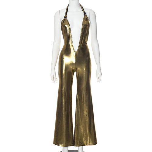 Stella Metallic Plunge Backless Halter Stretch Jumpsuit