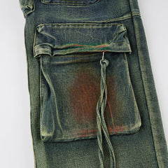 Too Slick To Handle Washed Denim Straight Leg Cargo Jeans