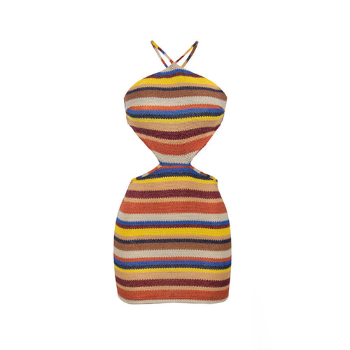 Bri Striped Backless Halter Crochet Knit Mini Dress