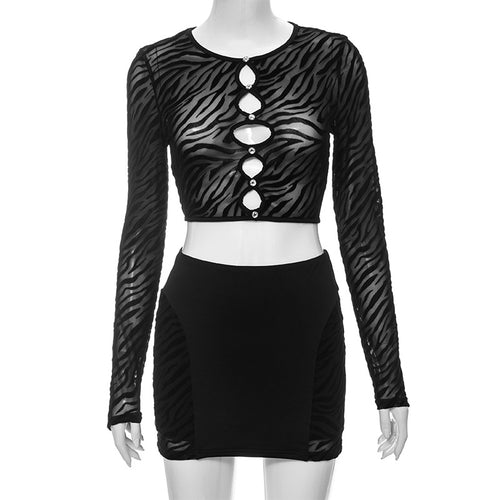 Earn Your Stripes Cutout Long Sleeve Mesh Mini Skirt Set