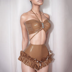 Dripped In Jewels Faux Leather Halter Top High Waist Short Set