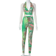 Feeling Tropical Printed Open Back Halter Legging Pant Set