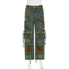 Too Slick To Handle Washed Denim Straight Leg Cargo Jeans