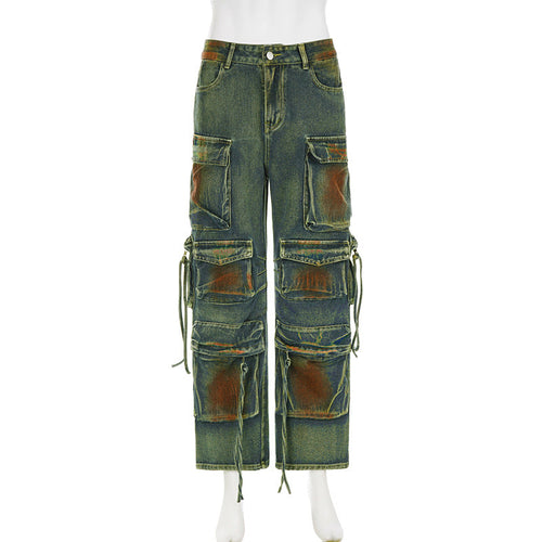 Too Slick To Handle Washed Denim Straight Leg Cargo Jeans