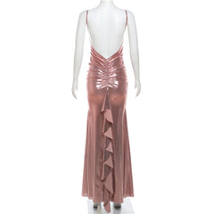 Adrienne Sleeveless V-Neck Backless Metallic Fishtail Maxi Dress