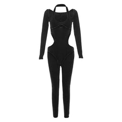There I Go Halter Long Sleeve Washed Ribbed Knit Cutout Jumpsuit