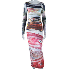 Printed Round Neck Long Sleeve Maxi Dress