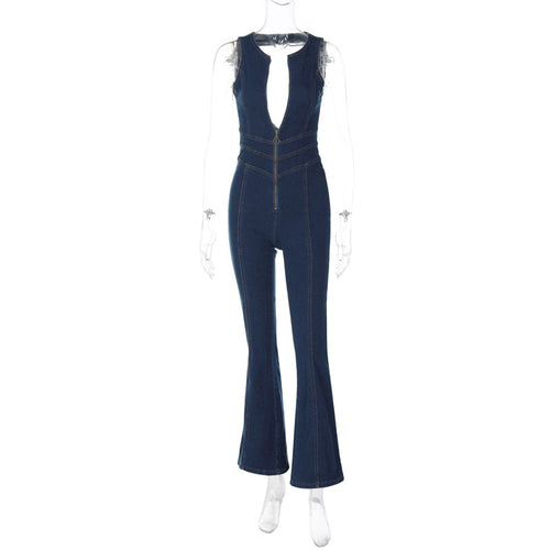 Women Clothing Summer Slim Fit Slimming Fashionable Backless Retro High Waist Denim Jumpsuit