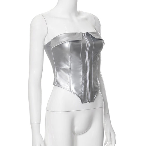 Shine On Metallic Faux Leather Zipper Corset Crop Top