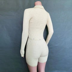 Elaine Long Sleeve Button Front Ribbed Knit Romper