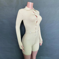 Elaine Long Sleeve Button Front Ribbed Knit Romper