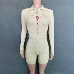 Elaine Long Sleeve Button Front Ribbed Knit Romper