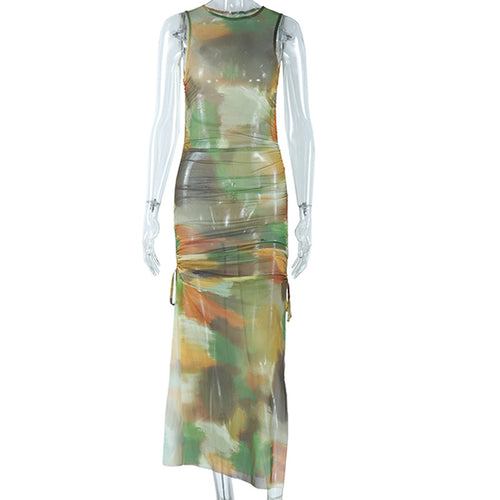 Printed Mesh Sleeveless Midi Dress