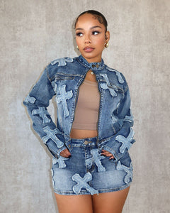 Don’t Get Crossed Up Embroidered Denim Jacket Mini Skirt Set