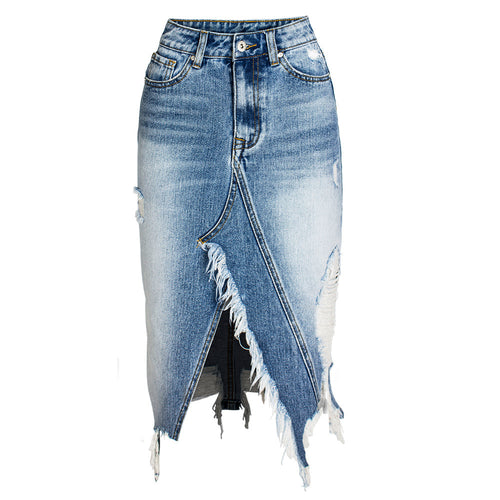 Camryn Asymmetric Knee-Length Ripped Denim Skirt