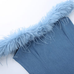 Total Temptation Feather Off Shoulder Denim Mini Dress