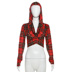 Long Sleeve Hooded Plaid Crop Top