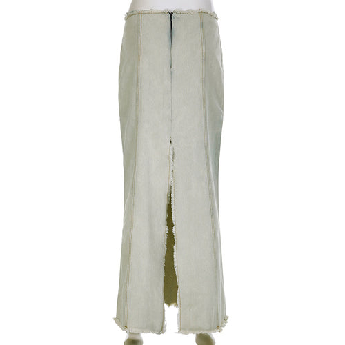Noelle Low Waist Frayed Edge Washed Denim Maxi Skirt