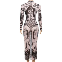 Remi Printed Mesh Long Sleeve Midi Dress