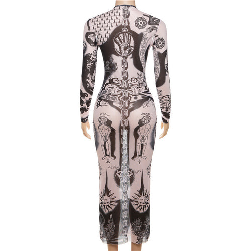 Remi Printed Mesh Long Sleeve Midi Dress