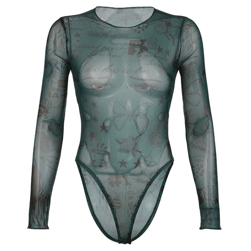 All She Wrote Printed Mesh Long Sleeve Bodysuit