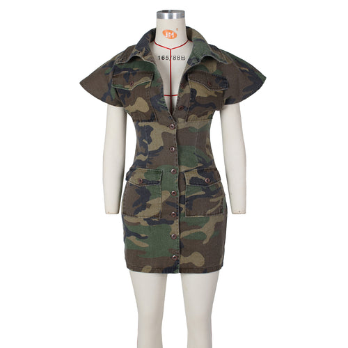 Women Clothing Personalized Sexy Large Collared Camouflage Tight Dress