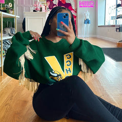 Varsity Vibe Drawstring Waist Fringe Pullover Sweatshirt