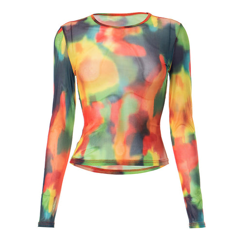 Watercolor Love Printed Mesh Long Sleeve Top