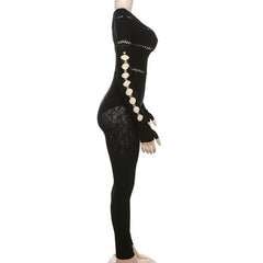 Fall Women Clothing Sexy Cutout Knitted Jacquard High Waist Tight Long Sleeve Jumpsuit