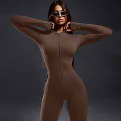 Solid Mock Neck Long Sleeve Zipper Flare Leg Jumpsuit