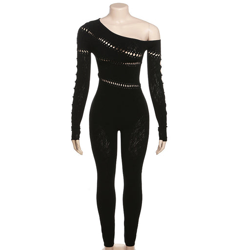 Fall Women Clothing Sexy Cutout Knitted Jacquard High Waist Tight Long Sleeve Jumpsuit