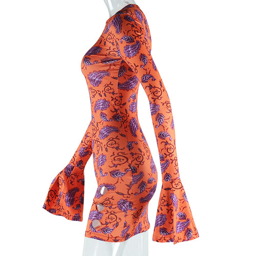Meredith Bell Sleeve Paisley Print Cutout Bodycon Mini Dress