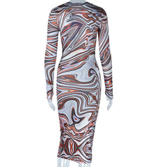 Retro Printed Long Sleeve Midi Dress