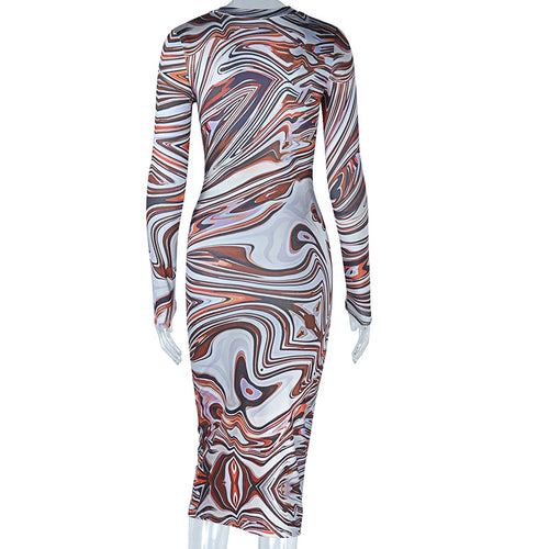 Retro Printed Long Sleeve Midi Dress