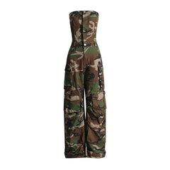 Brielle Camouflage Strapless Cargo Denim Jumpsuit