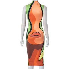 Read My Lips Mock Neck Sleeveless Printed Midi Dress