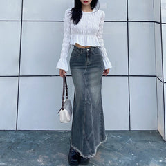 Raw Edge Denim Maxi Skirt