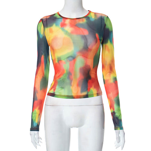 Watercolor Love Printed Mesh Long Sleeve Top