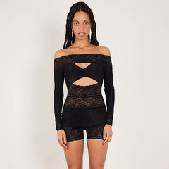 No Guarantees Lace Cutout Long Sleeve Off Shoulder Romper