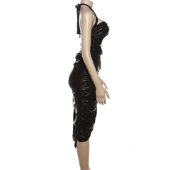 Talk To Me Nice Halter Sleeveless Cutout Faux Leather Midi Dress
