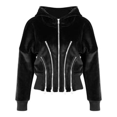 Gold Velvet Hooded for Women Autumn Thickened Composite Multi Metal Zipper Split Waist Trimming Women