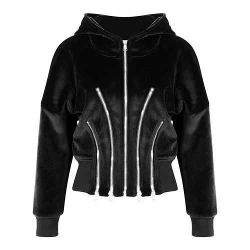 Gold Velvet Hooded for Women Autumn Thickened Composite Multi Metal Zipper Split Waist Trimming Women