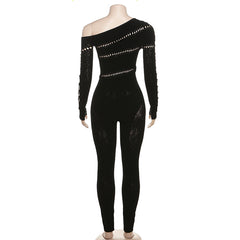 Fall Women Clothing Sexy Cutout Knitted Jacquard High Waist Tight Long Sleeve Jumpsuit