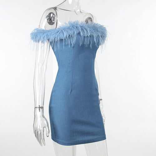 Total Temptation Feather Off Shoulder Denim Mini Dress