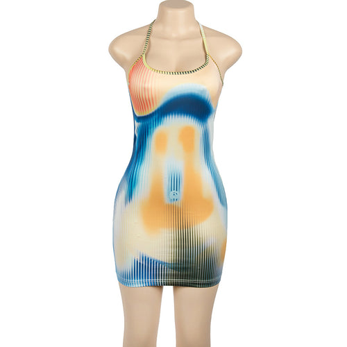 Fine Lines Body Print Halter Bodycon Mini Dress