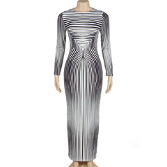 Autumn round Neck Long Sleeve Striped Print Slim Fit High Waist Maxi Dress