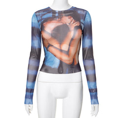 Seduction Printed Mesh Long Sleeve Cropped T-Shirt